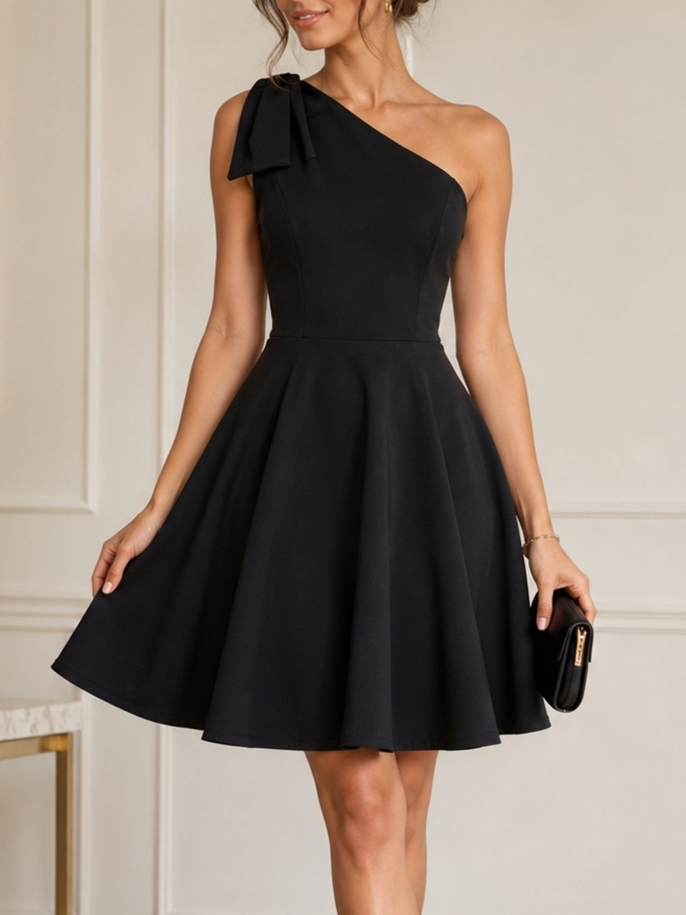 Elegant Black One-Shoulder Fit & Flare Dress w/ Pockets Stretch Cocktail Size S